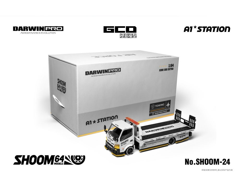 PRE-ORDER GCD 1:64 SHOOM64 1:64 DarwinPRO AIRFORCE Hino 300 Custom Drop-Bed Car Carrier Grey Special Edition
