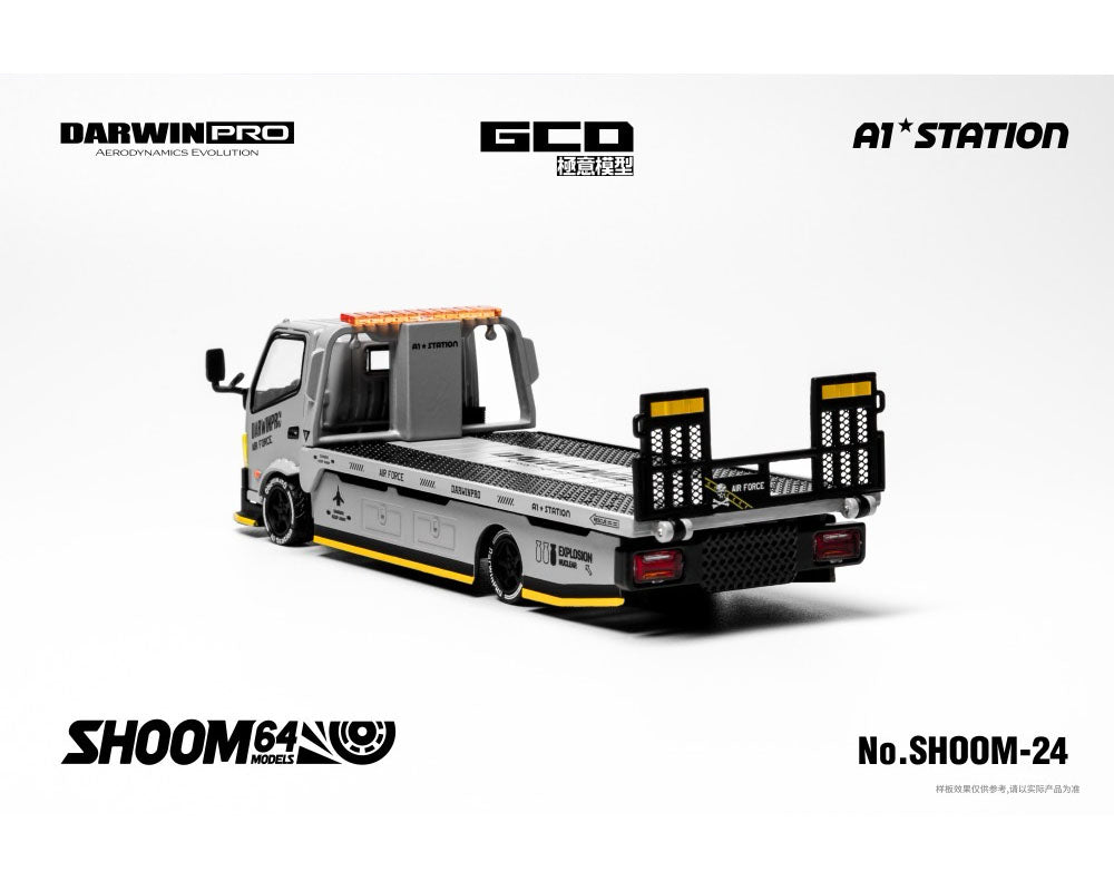 PRE-ORDER GCD 1:64 SHOOM64 1:64 DarwinPRO AIRFORCE Hino 300 Custom Drop-Bed Car Carrier Grey Special Edition