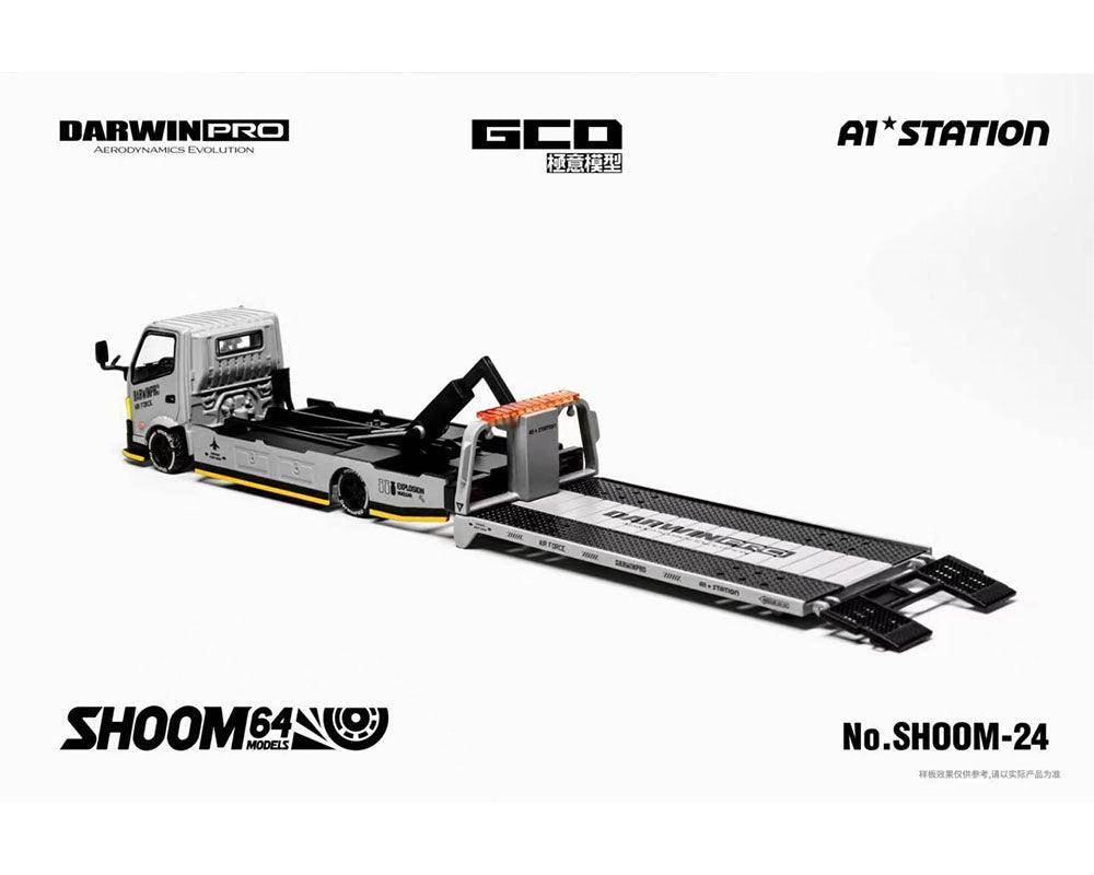 PRE-ORDER GCD 1:64 SHOOM64 1:64 DarwinPRO AIRFORCE Hino 300 Custom Drop-Bed Car Carrier Grey Special Edition