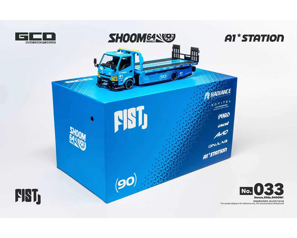 PRE-ORDER GCD 1:64 SHOOM64 1:64 FIST TEAM Hino 300 Custom Drop-Bed Car Carrier Blue Special Edition