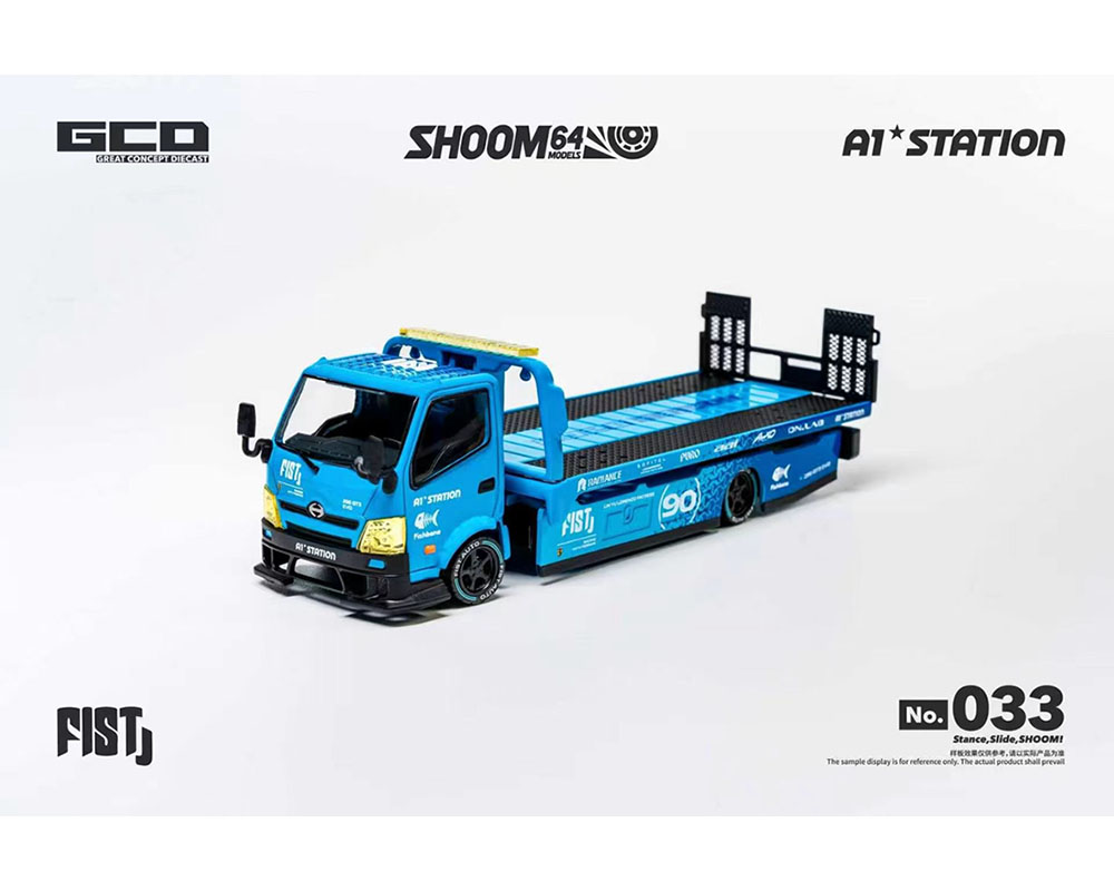 PRE-ORDER GCD 1:64 SHOOM64 1:64 FIST TEAM Hino 300 Custom Drop-Bed Car Carrier Blue Special Edition