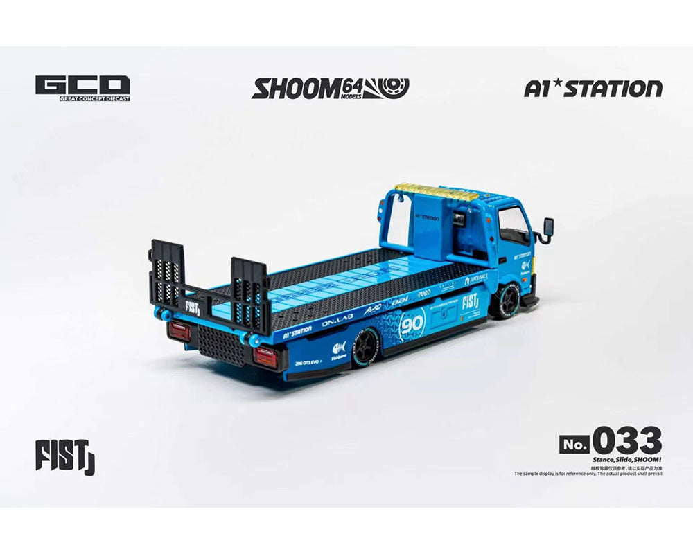 PRE-ORDER GCD 1:64 SHOOM64 1:64 FIST TEAM Hino 300 Custom Drop-Bed Car Carrier Blue Special Edition