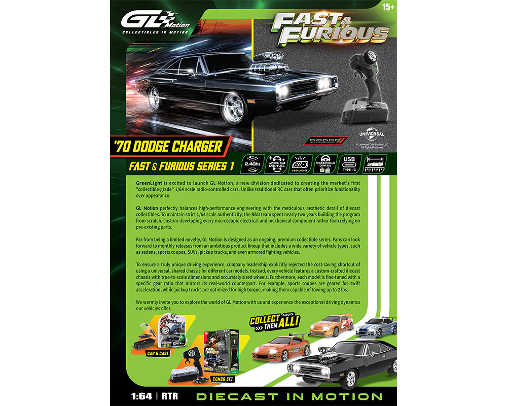 PRE-ORDER Greenlight Motion 1:64 RC The Fast & The Furious 1970 Dodge Charger “Dom’s Charger” Combo Set