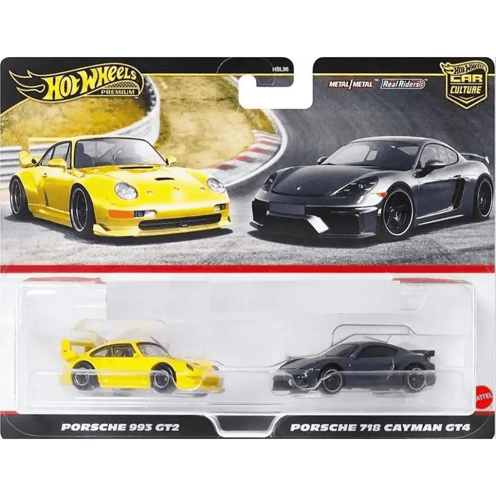 PRE-ORDER Hot Wheels Premium 1:64 2 Pack Porsche 993 GT2/Porsche 718 Cayman GT4