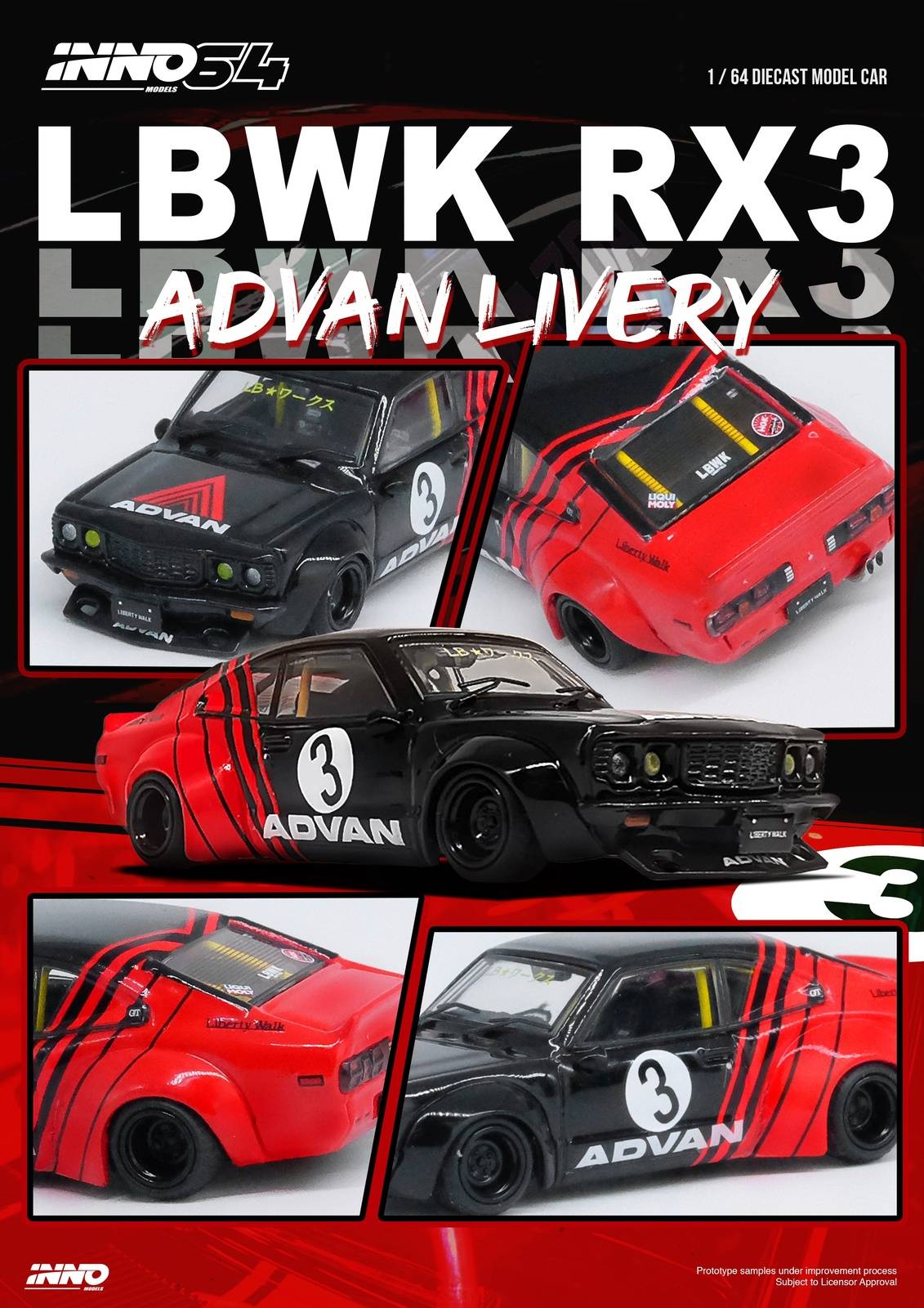 PRE-ORDER INNO64 1:64 LBWK Mazda RX3 Savanna Advan Livery