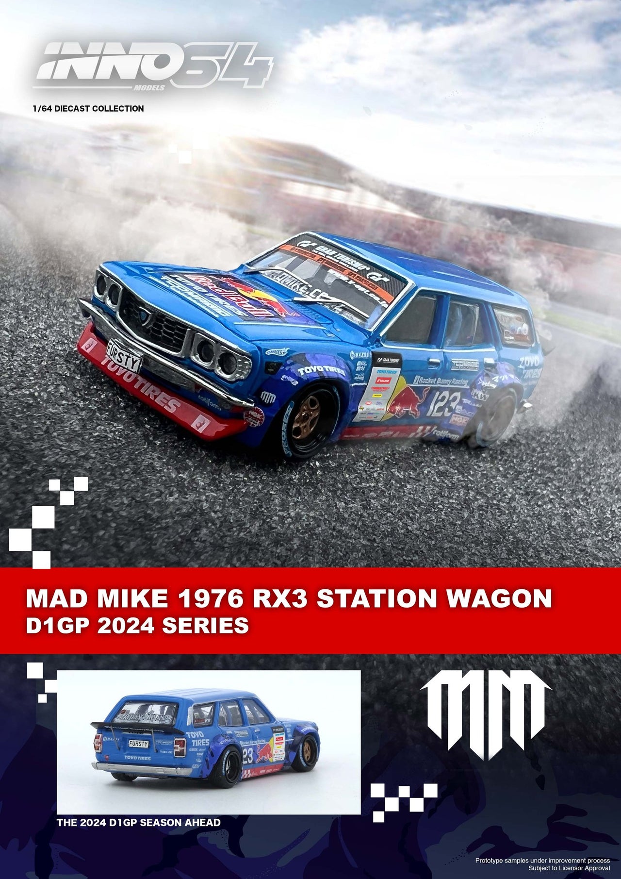 PRE-ORDER INNO64 1:64 Mad Mike 1976 Mazda RX3 Station Wagon D1GP Series 2024