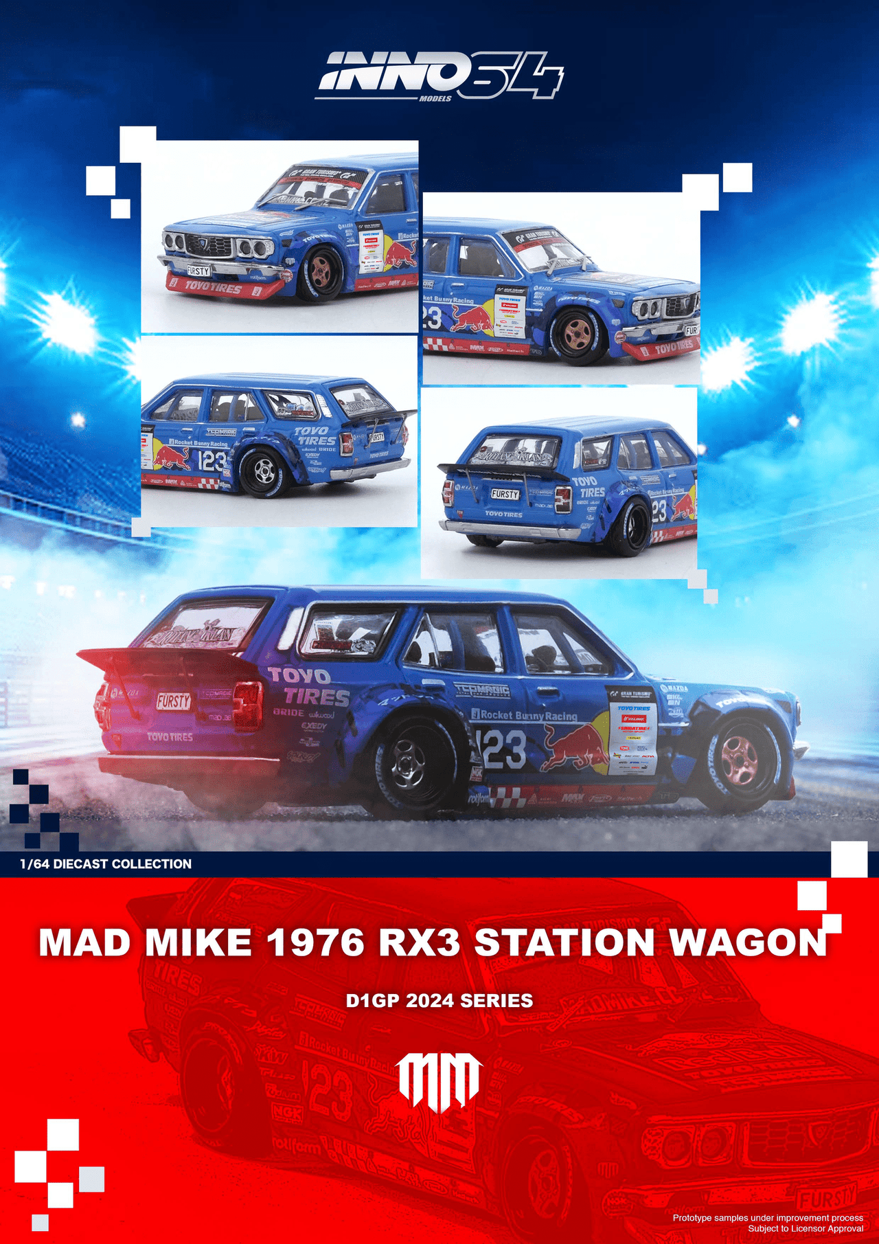 PRE-ORDER INNO64 1:64 Mad Mike 1976 Mazda RX3 Station Wagon D1GP Series 2024