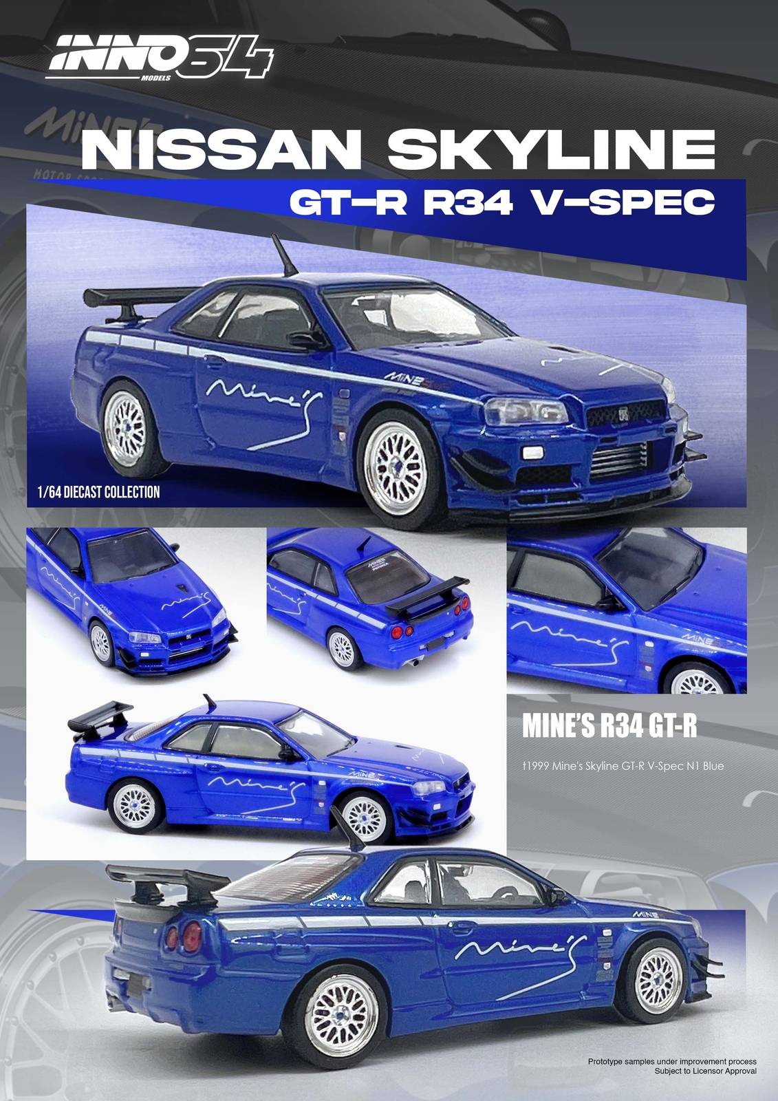 PRE-ORDER INNO64 1:64 Nissan Skyline GT-R R34 V-SPEC Tuned by "MINE'S"