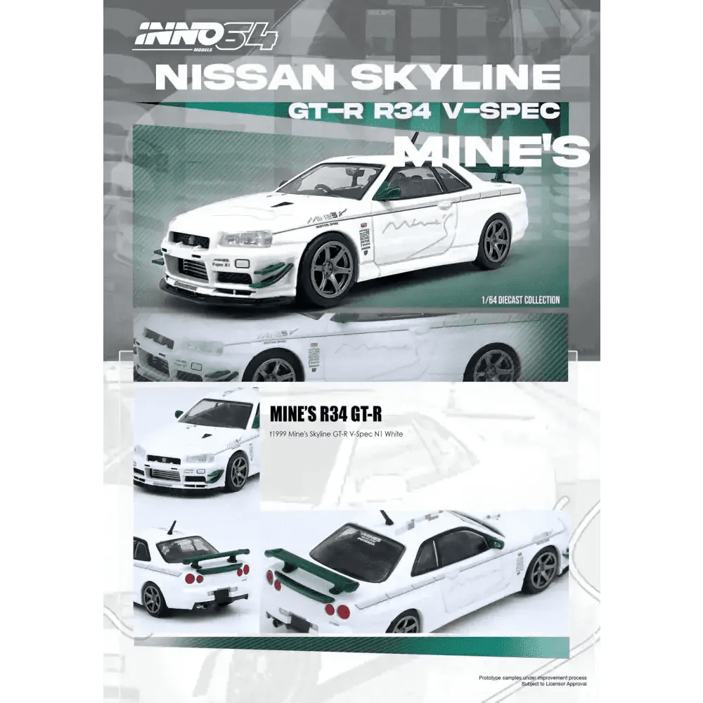 PRE-ORDER INNO64 1:64 Nissan Skyline GT-R R34 V-SPEC Tuned by "MINE'S"