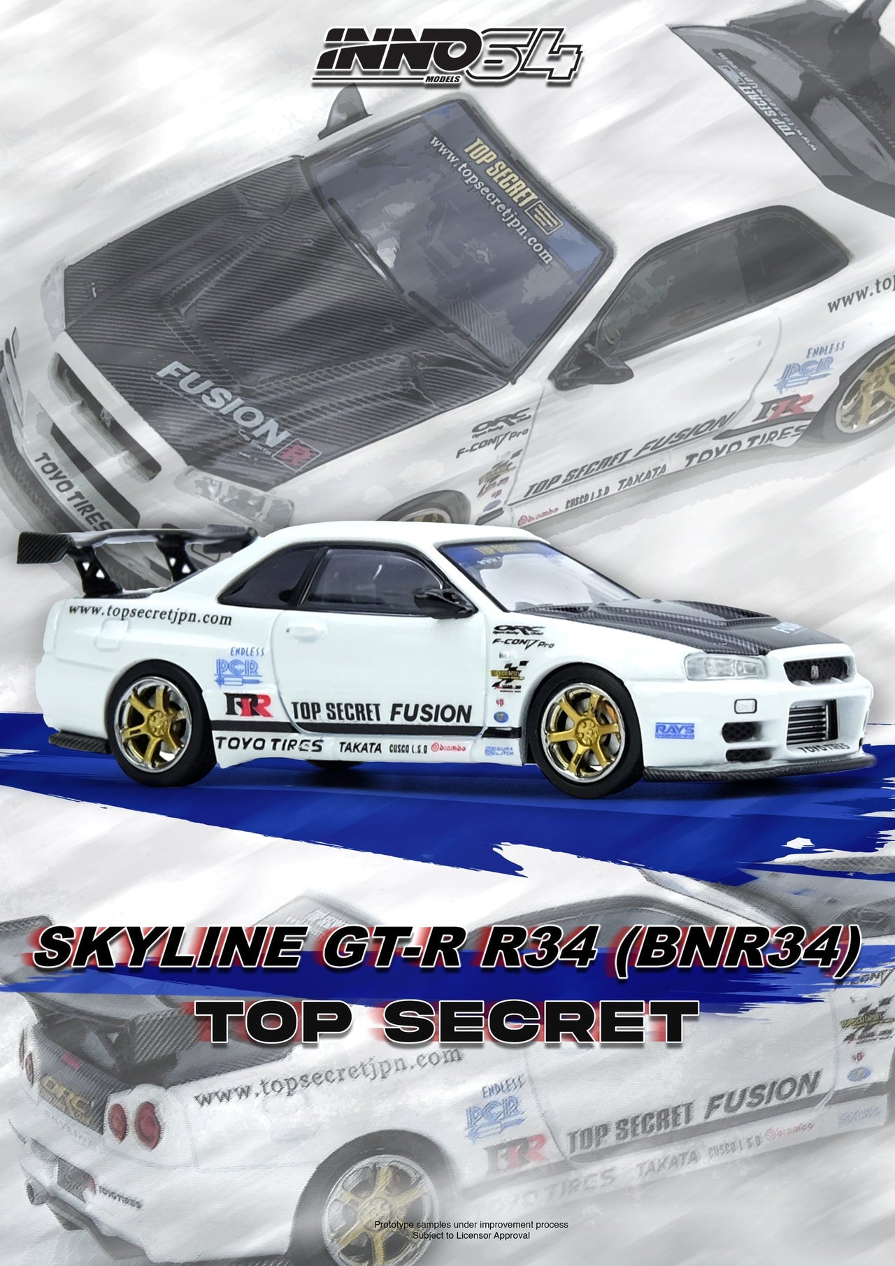 PRE-ORDER INNO64 1:64 Nissan Skyline TOP SECRET R34 GT-R White