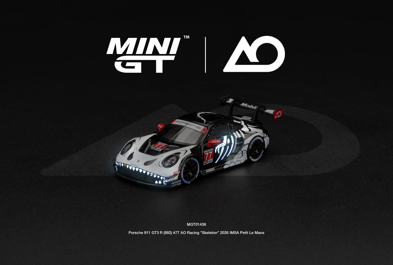 PRE-ORDER MINI GT 1:64 Porsche 911 GT3 R 992 #77 AO Racing "Skeleton Rexy" 2026 IMSA Petit Le Mans MGT01436