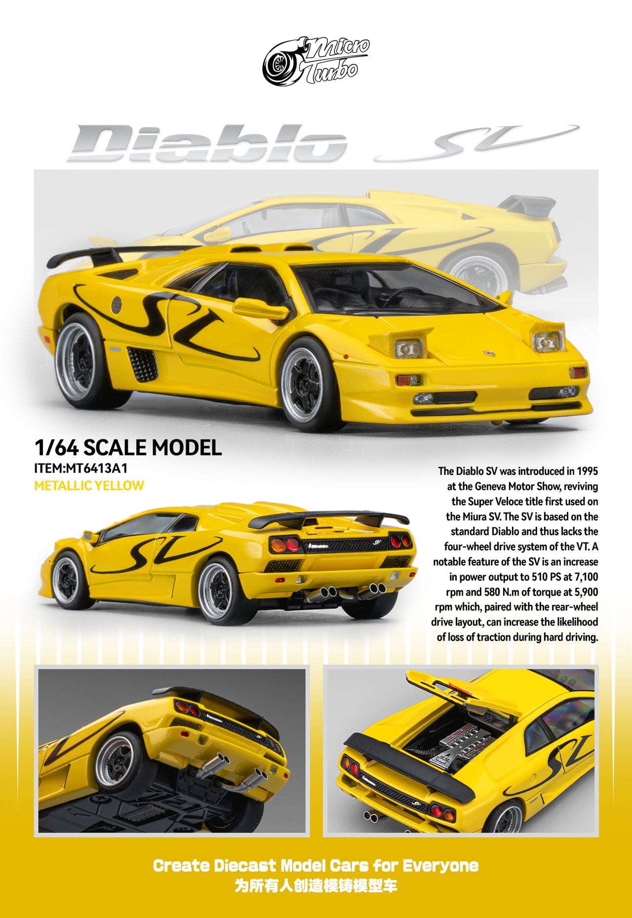 PRE-ORDER Micro Turbo 1:64 Custom Diablo SV, Metallic Yellow