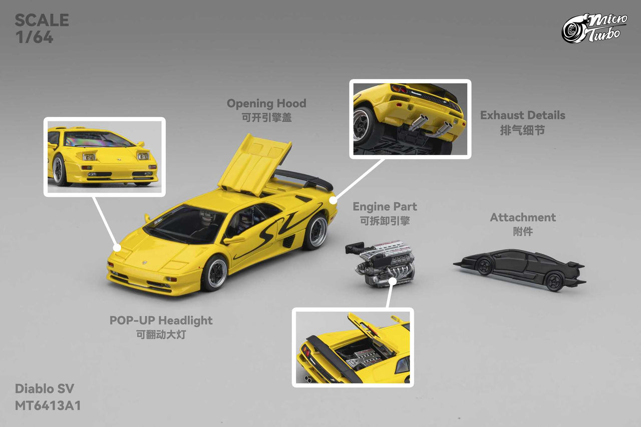 PRE-ORDER Micro Turbo 1:64 Custom Diablo SV, Metallic Yellow