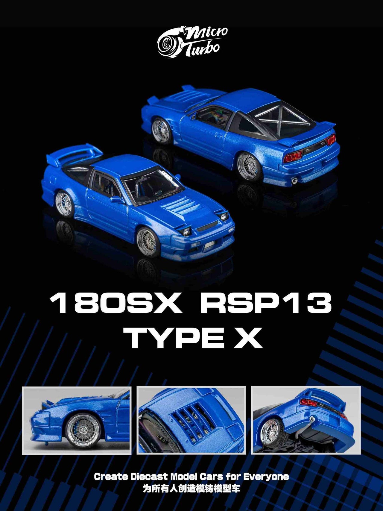 PRE-ORDER Micro Turbo 1:64 Custom Rocket Bunny Nissan 180SX Type X- Metallic Blue