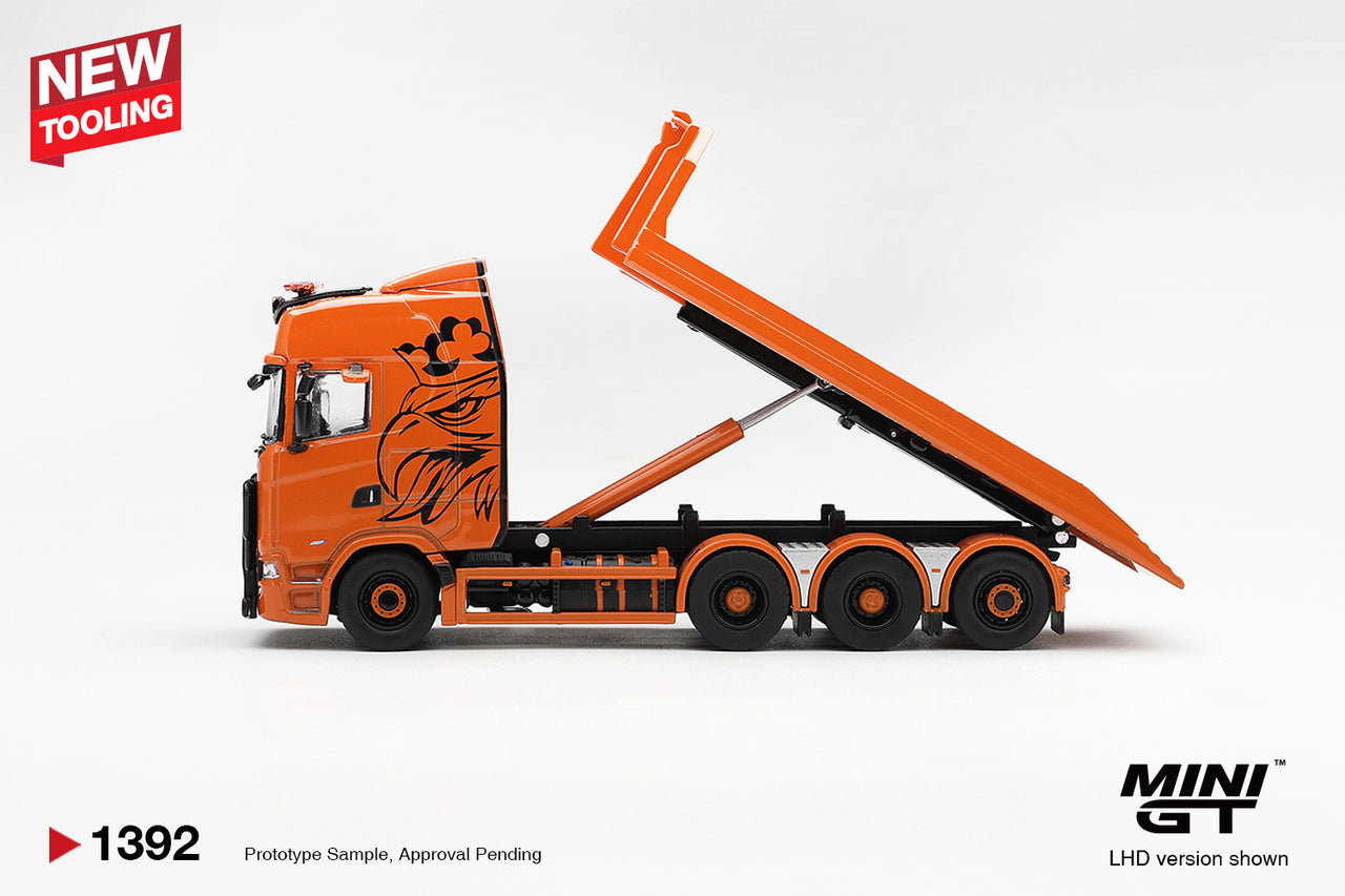 PRE-ORDER Mini GT 1:64 Scania 770S Hooklift Flatbed Orange MGT01392