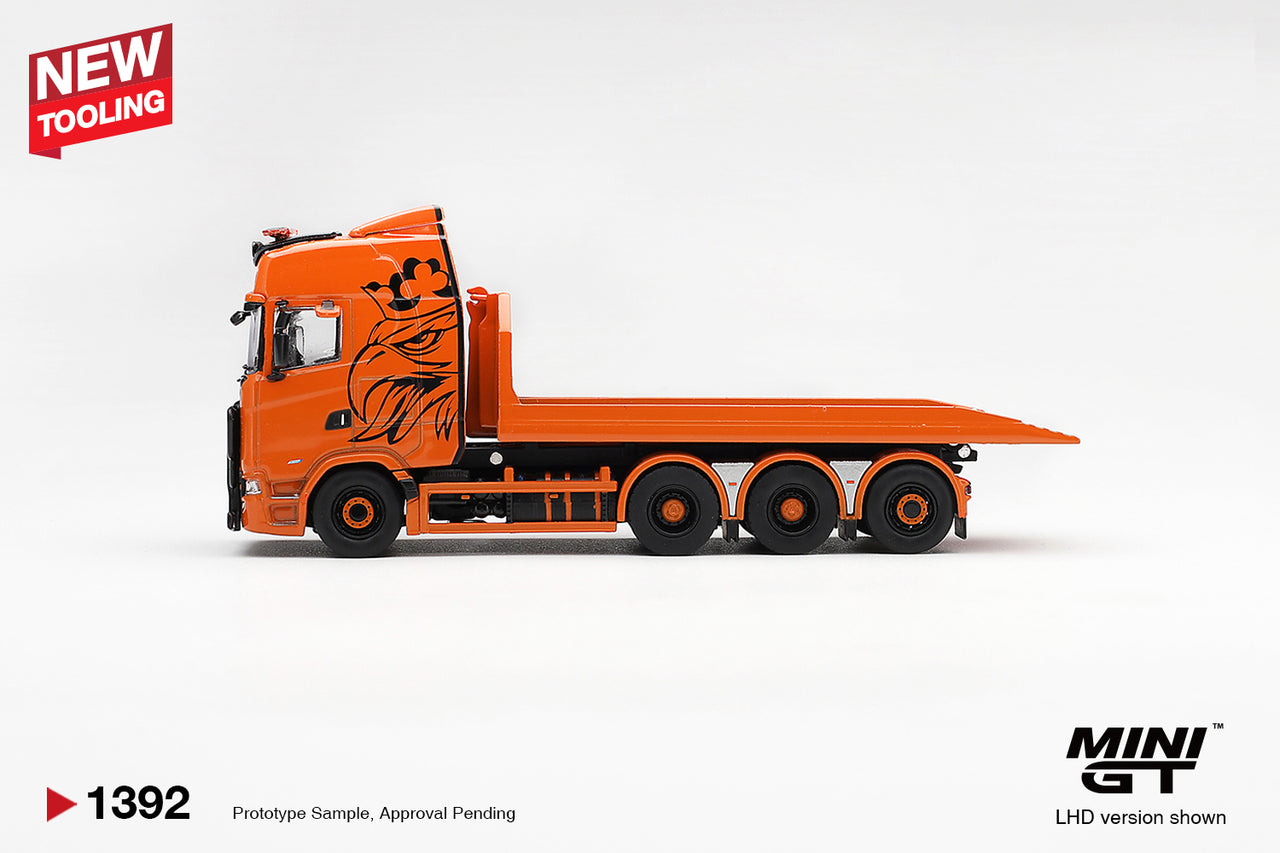 PRE-ORDER Mini GT 1:64 Scania 770S Hooklift Flatbed Orange MGT01392