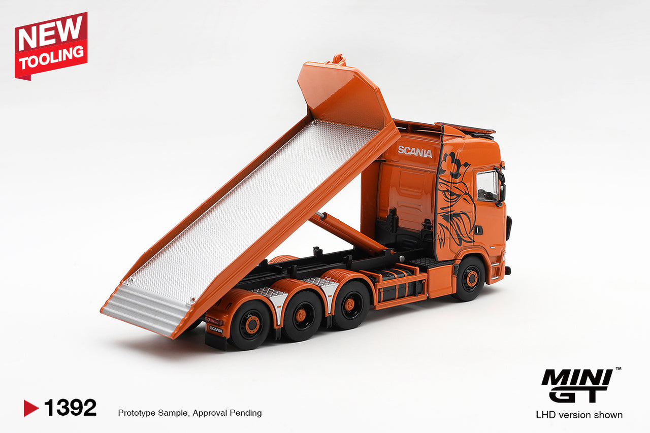 PRE-ORDER Mini GT 1:64 Scania 770S Hooklift Flatbed Orange MGT01392