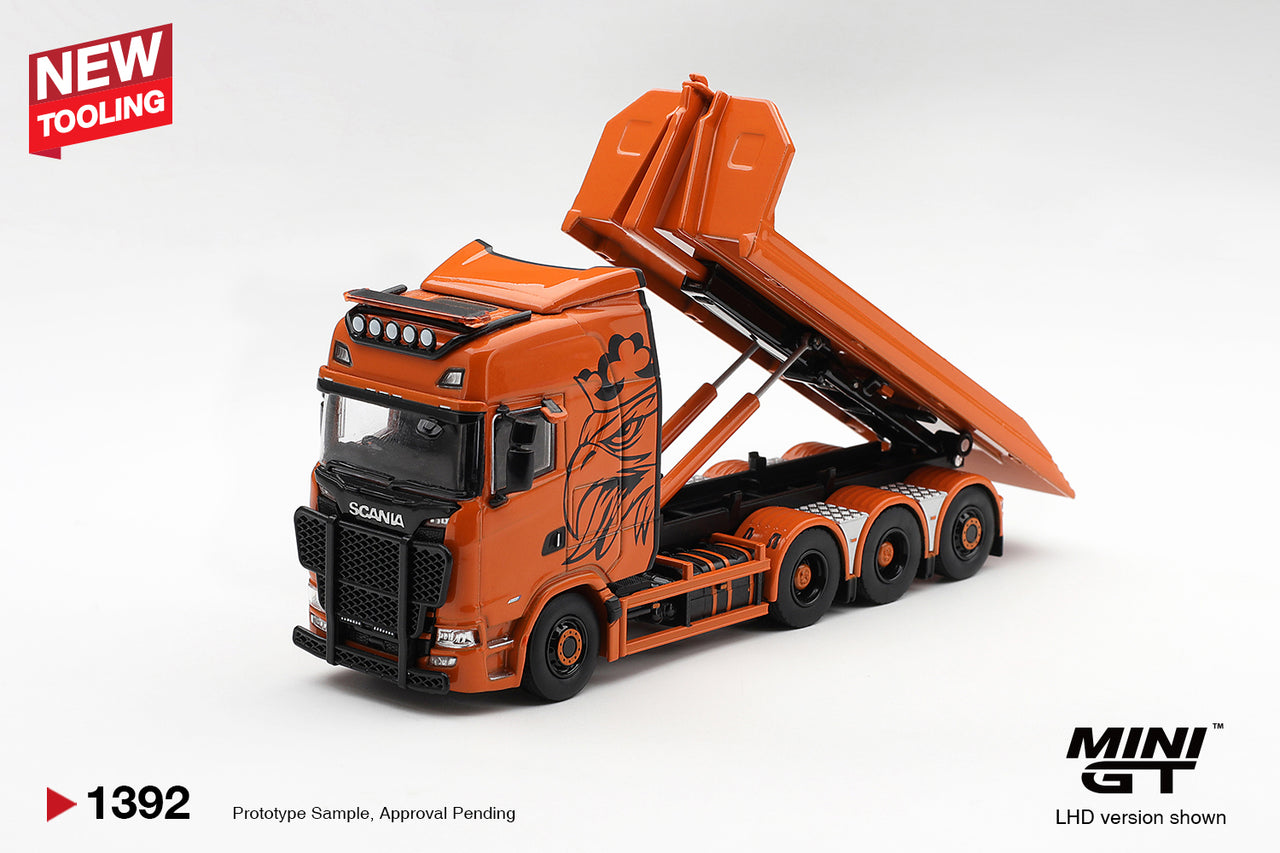 PRE-ORDER Mini GT 1:64 Scania 770S Hooklift Flatbed Orange MGT01392