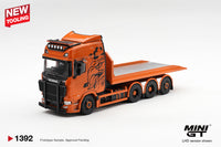 Thumbnail for PRE-ORDER Mini GT 1:64 Scania 770S Hooklift Flatbed Orange MGT01392