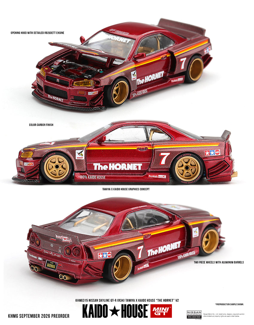 PRE-ORDER Mini GT x Kaido House 1:64 Nissan Skyline GT-R R34 TAMIYA x KAIDO HOUSE "The Hornet" V2 KHMG315