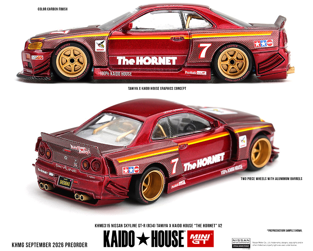PRE-ORDER Mini GT x Kaido House 1:64 Nissan Skyline GT-R R34 TAMIYA x KAIDO HOUSE "The Hornet" V2 KHMG315