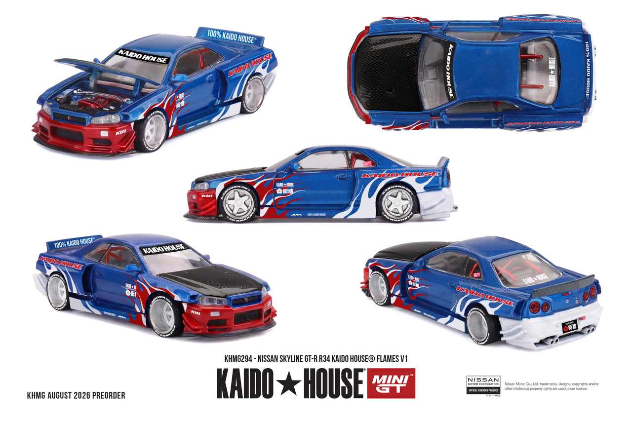 PRE-ORDER Mini GT x Kaido House 1:64 Nissan Skyline GT-R R34 Kaido House Flames V1 KHMG294