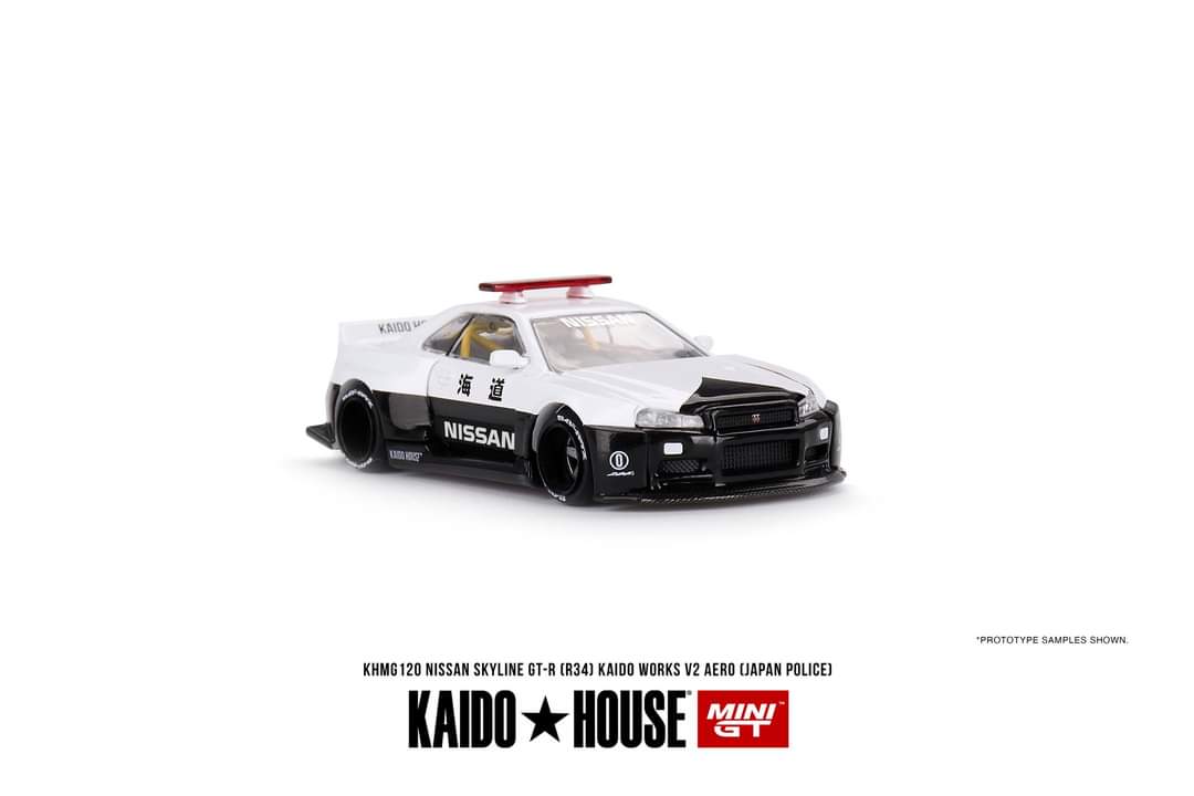 PRE-ORDER Mini GT x Kaido House 1:64 Nissan Skyline GT-R R34 Kaido Works V2 Areo Police KHMG120