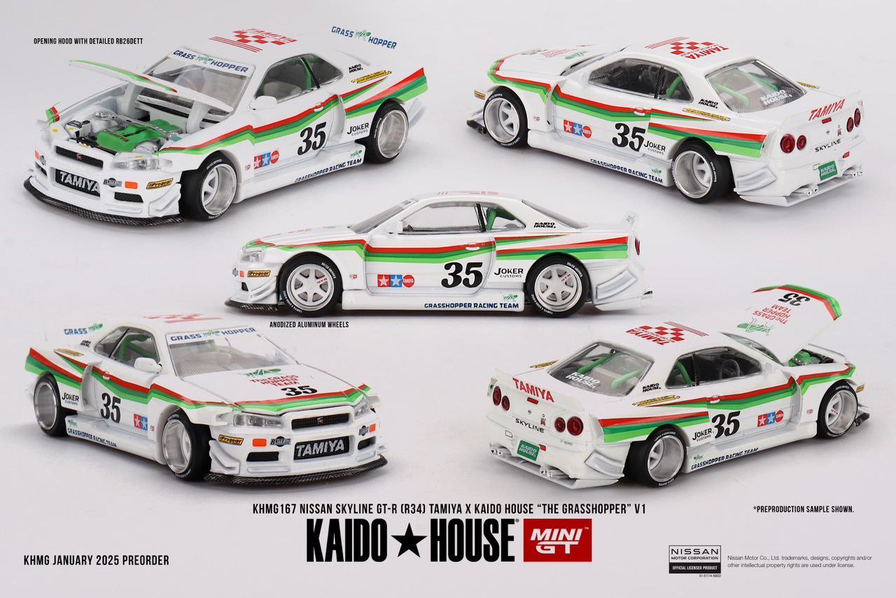 PRE-ORDER Mini GT x Kaido House 1:64 Nissan Skyline GT-R R34 TAMIYA x KAIDO HOUSE "The GRASSHOPPER" V1 KHMG167