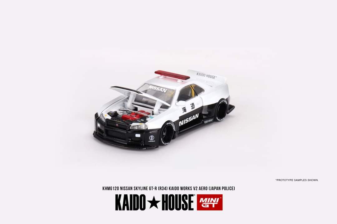 PRE-ORDER Mini GT x Kaido House 1:64 Nissan Skyline GT-R R34 Kaido Works V2 Areo Police KHMG120