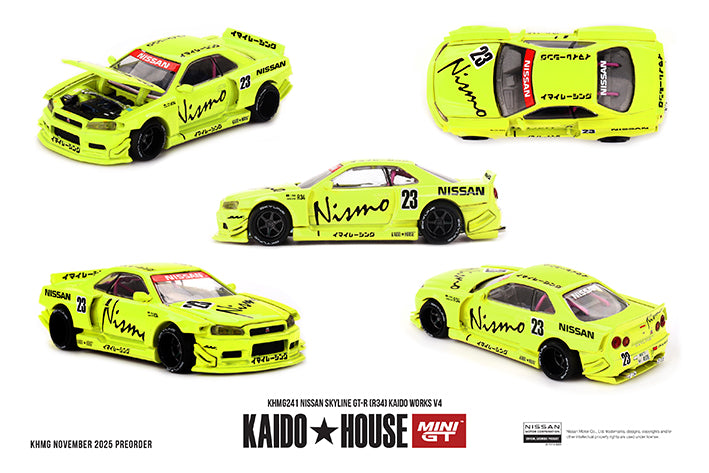 PRE-ORDER Mini GT x Kaido house 1:64 Nissan Skyline GT-R R34 Kaido Works V4 KHMG241