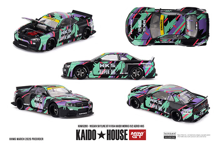 PRE-ORDER Mini GT x Kaido house 1:64 Nissan Skyline GT-R R34 Kaido Works V2 Aero HKS
