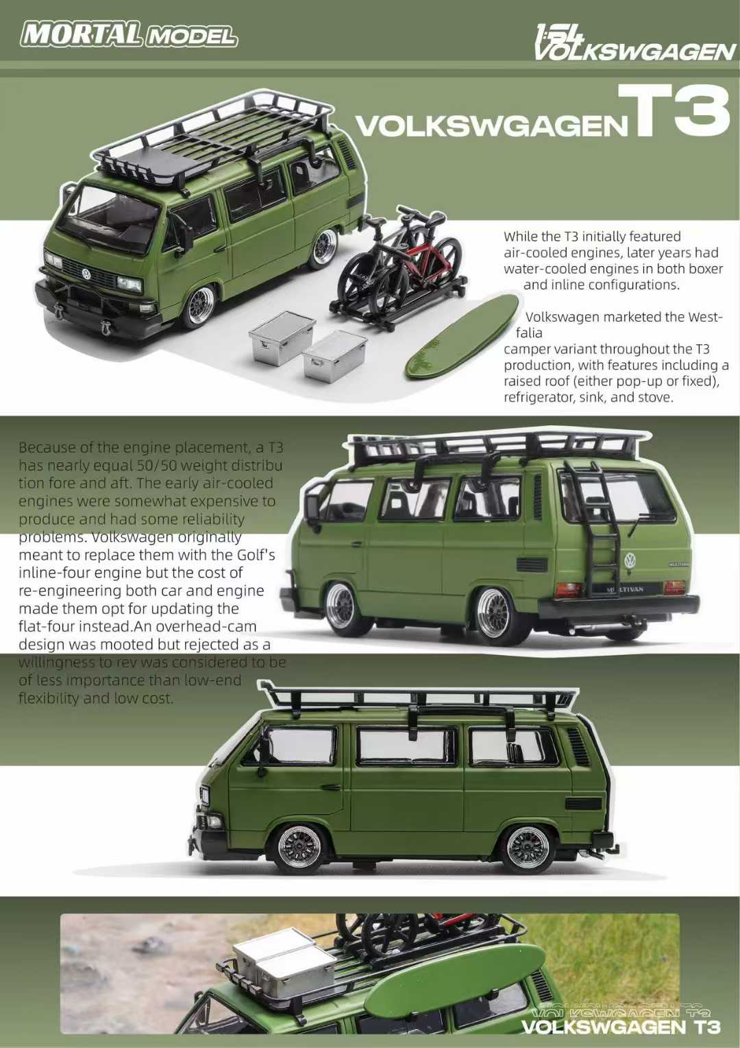 PRE-ORDER Mortal 1:64 VW T3 Lowrider w/ BBS Wheels Army Green