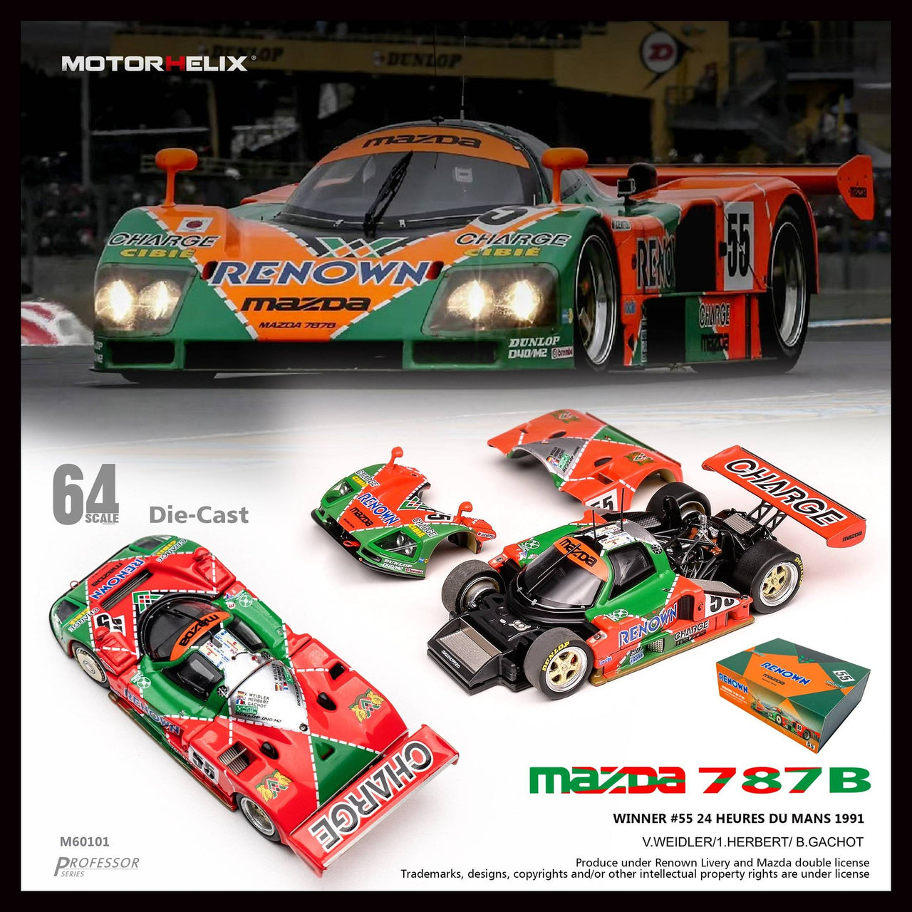 PRE-ORDER Motor Helix 1:64 Mazda 787B Renown #55 Champion Car