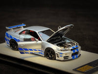 Thumbnail for PRE-ORDER PGM 1:64 Nissan GT-R R34 Z-Tune Silver W/ Blue Stripe PAUL WALKER