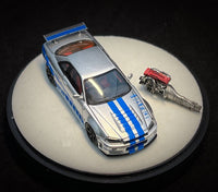 Thumbnail for PRE-ORDER PGM 1:64 Nissan GT-R R34 Z-Tune Silver with blue Stripe LUXURY PAUL WALKER
