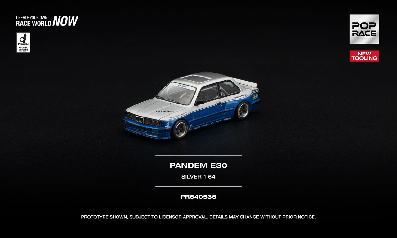 PRE-ORDER Pop Race 1:64 BMW PANDEM E30 SILVER NEW TOOLING