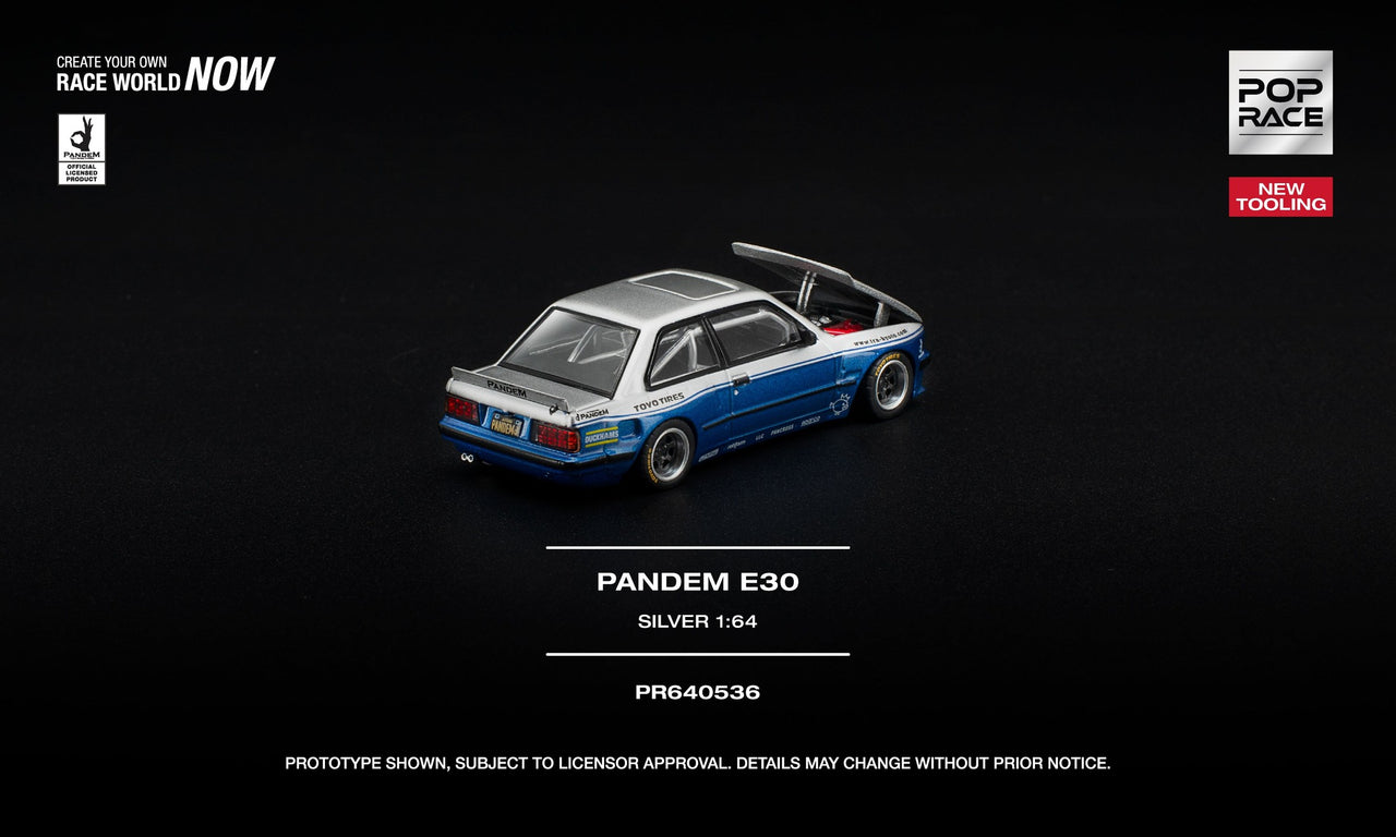 PRE-ORDER Pop Race 1:64 BMW PANDEM E30 SILVER NEW TOOLING