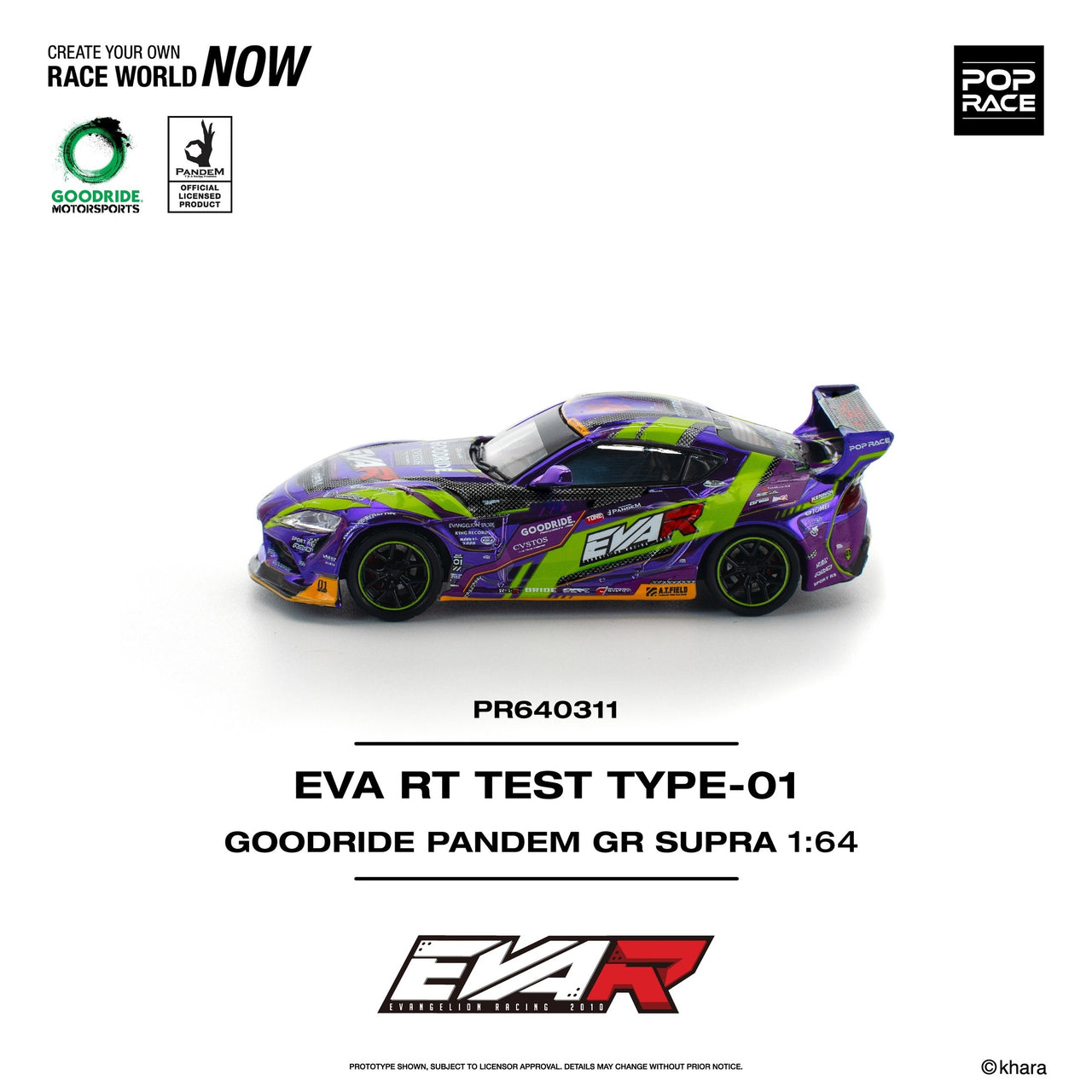 PRE-ORDER Pop Race 1:64 Goodride Pandem Toyota GR Supra EVA RT Test Type 01