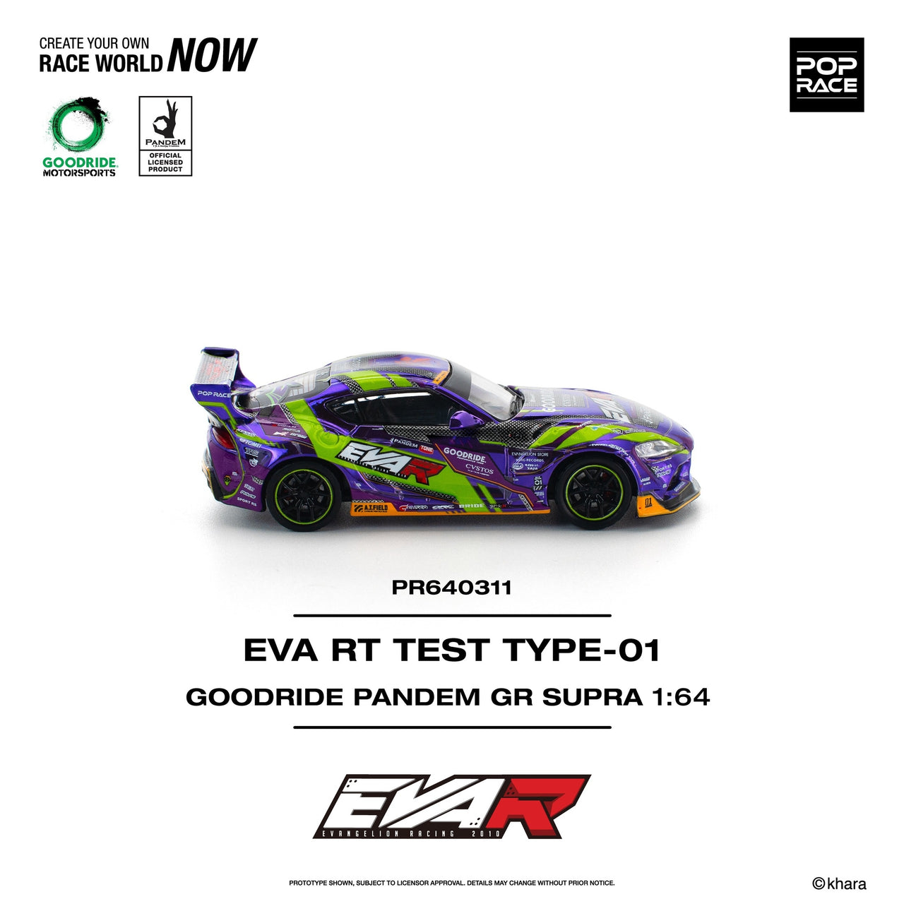 PRE-ORDER Pop Race 1:64 Goodride Pandem Toyota GR Supra EVA RT Test Type 01