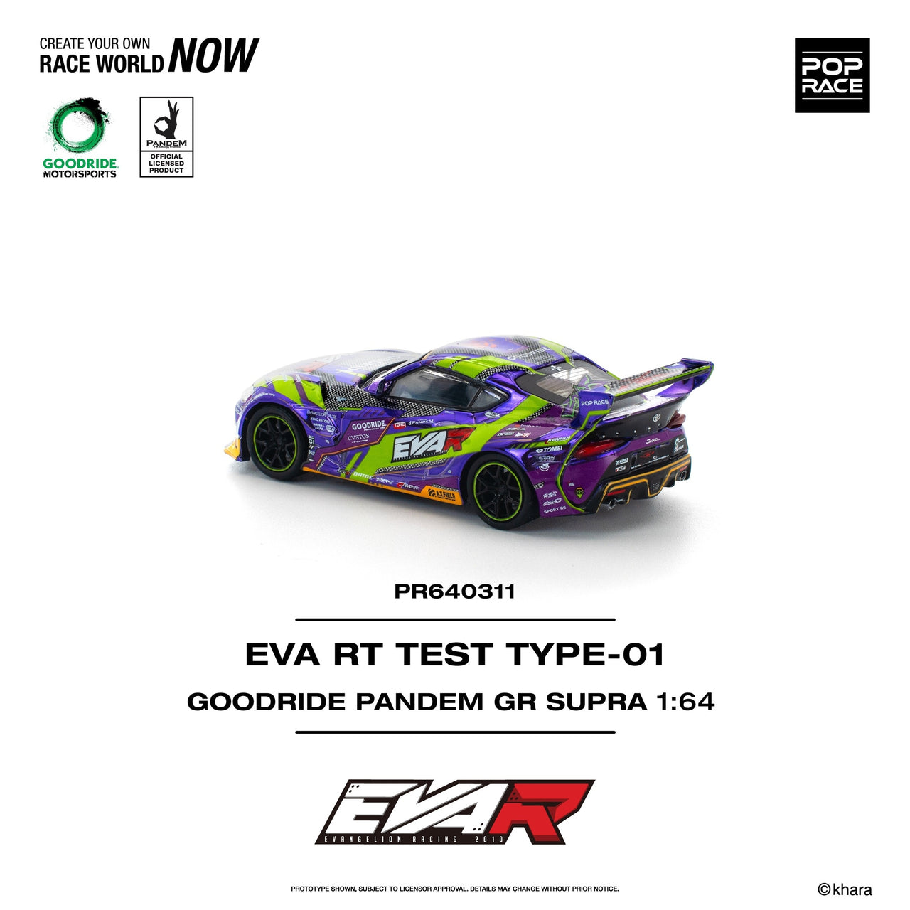 PRE-ORDER Pop Race 1:64 Goodride Pandem Toyota GR Supra EVA RT Test Type 01