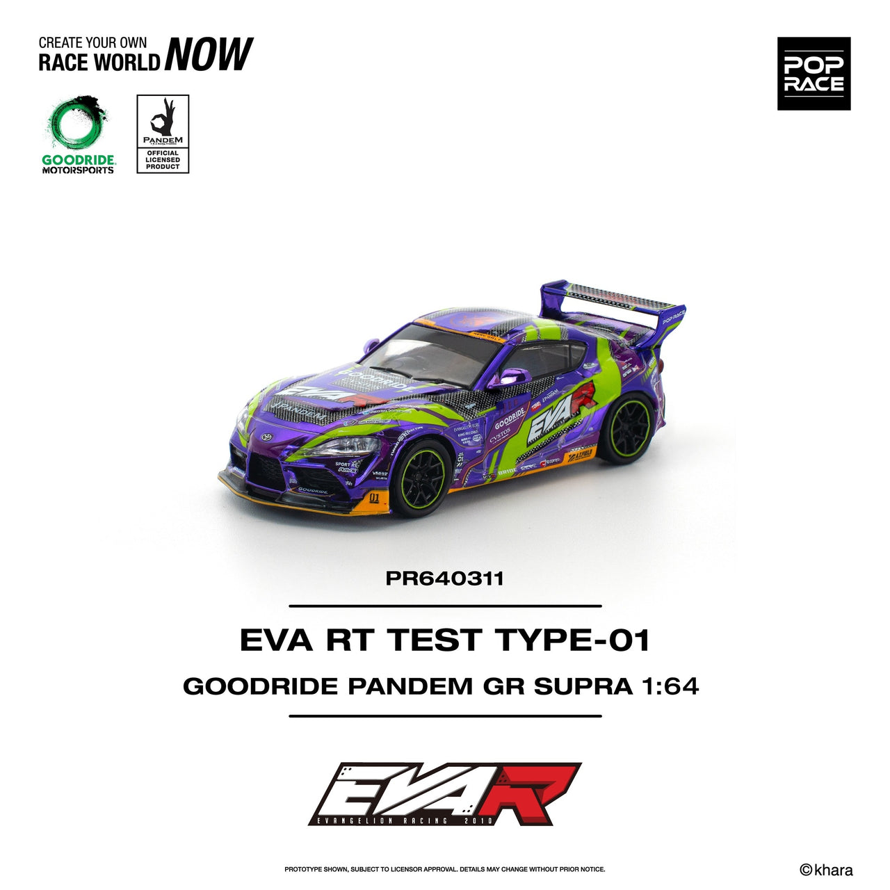PRE-ORDER Pop Race 1:64 Goodride Pandem Toyota GR Supra EVA RT Test Type 01