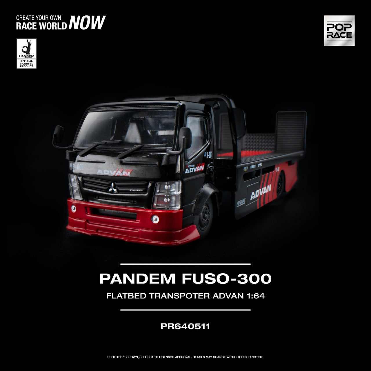 PRE-ORDER Pop Race 1:64 PANDEM FUSO 300 FLATBED TRANSPORTER, ADVAN