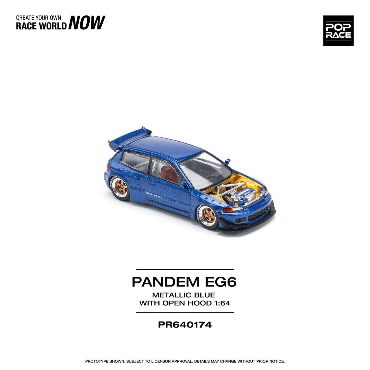 PRE-ORDER Pop Race 1:64 Pandem Honda Civic EG6 METALLIC BLUE WITH OPEN HOOD