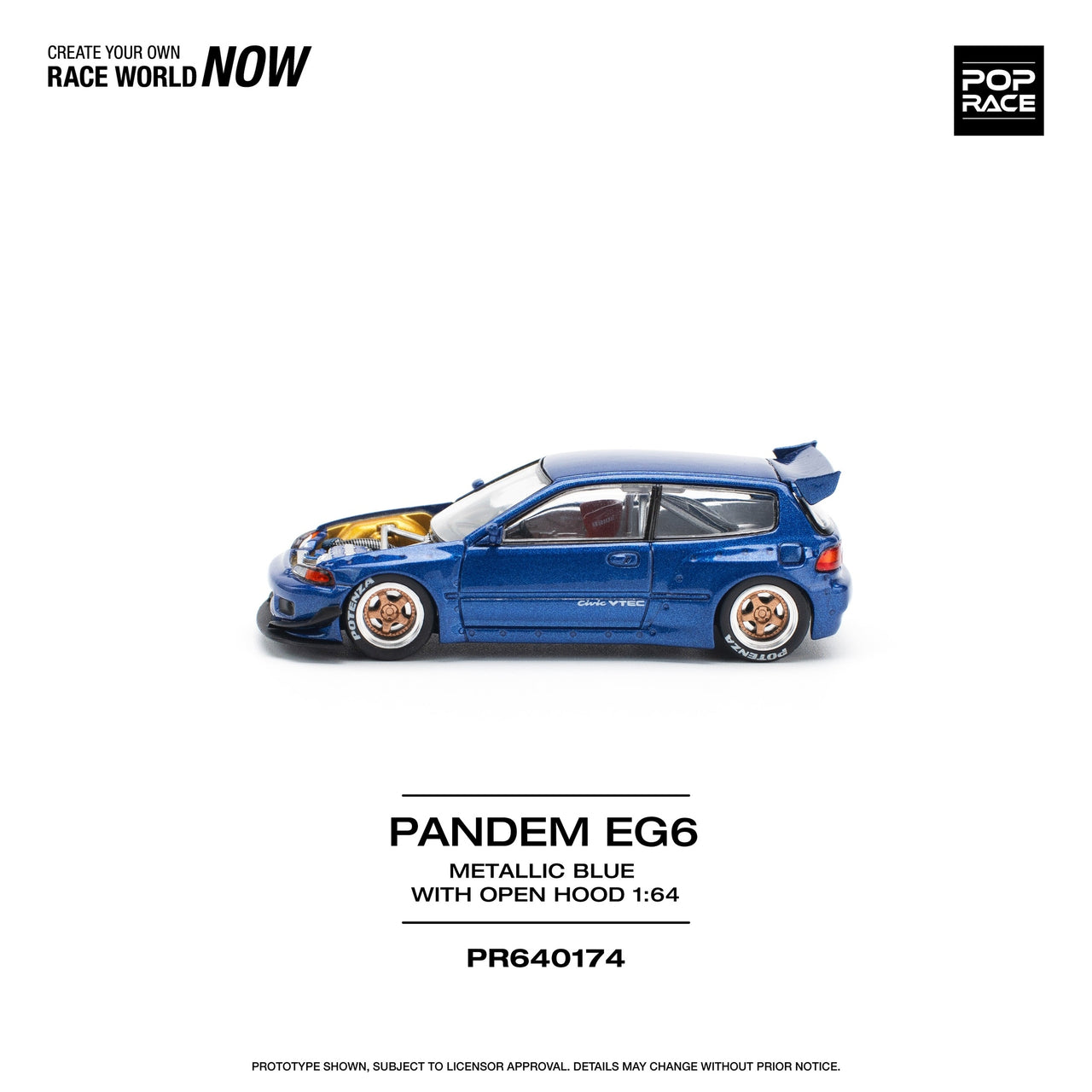 PRE-ORDER Pop Race 1:64 Pandem Honda Civic EG6 METALLIC BLUE WITH OPEN HOOD