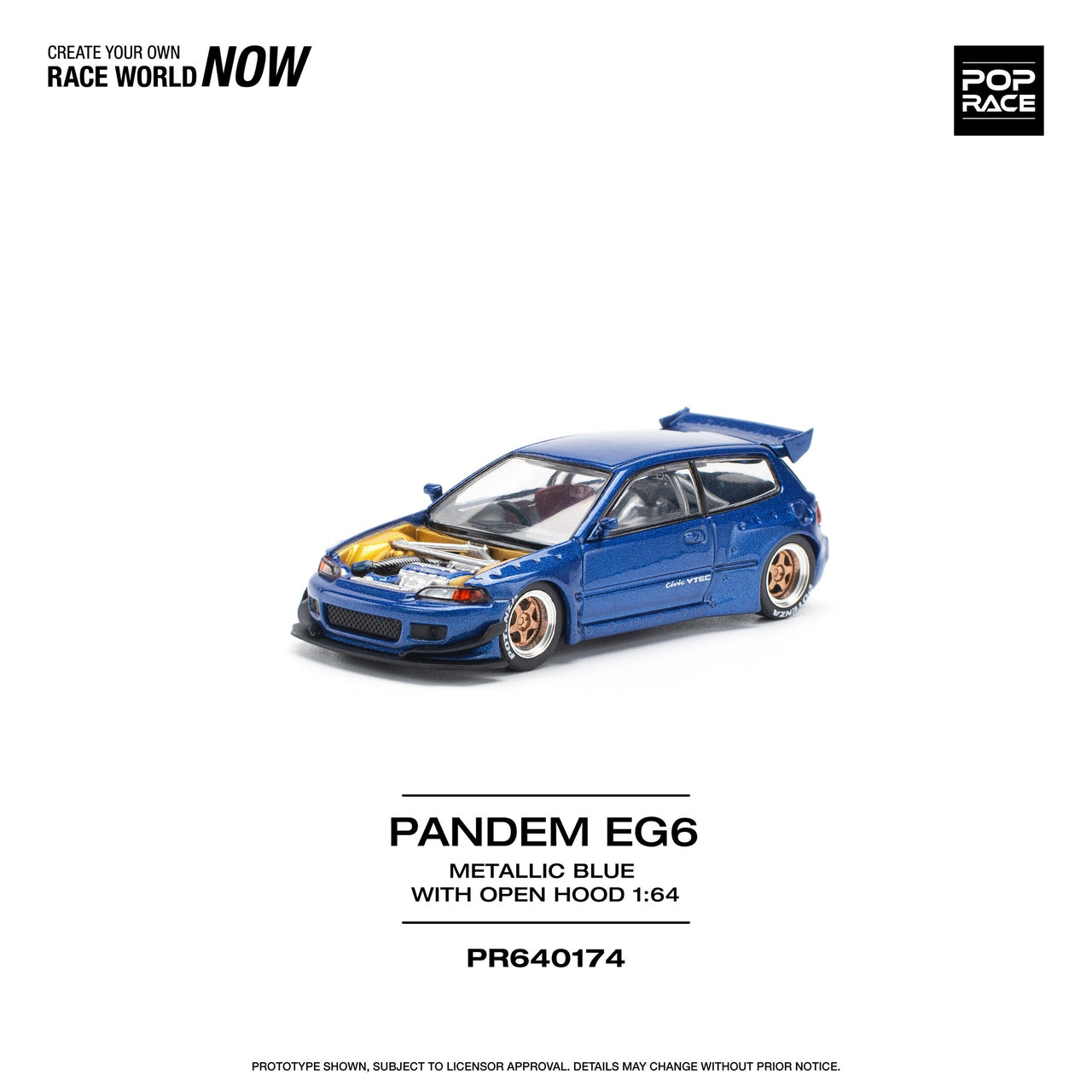 PRE-ORDER Pop Race 1:64 Pandem Honda Civic EG6 METALLIC BLUE WITH OPEN HOOD