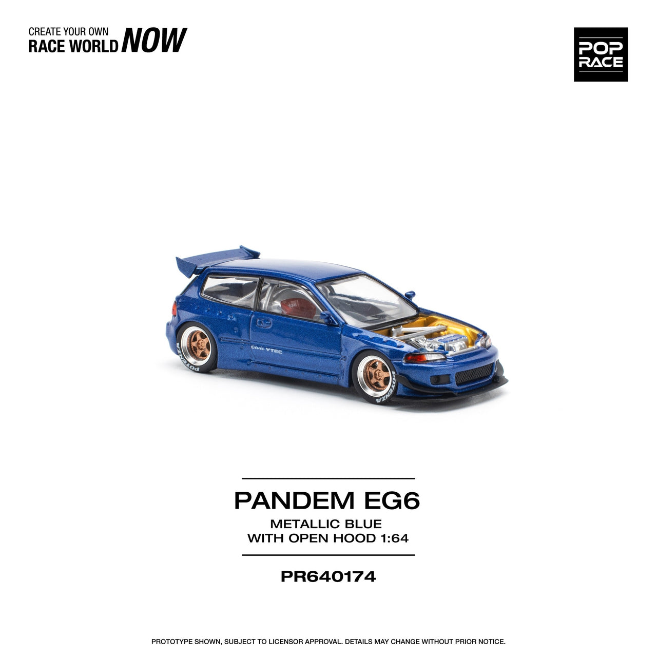 PRE-ORDER Pop Race 1:64 Pandem Honda Civic EG6 METALLIC BLUE WITH OPEN HOOD