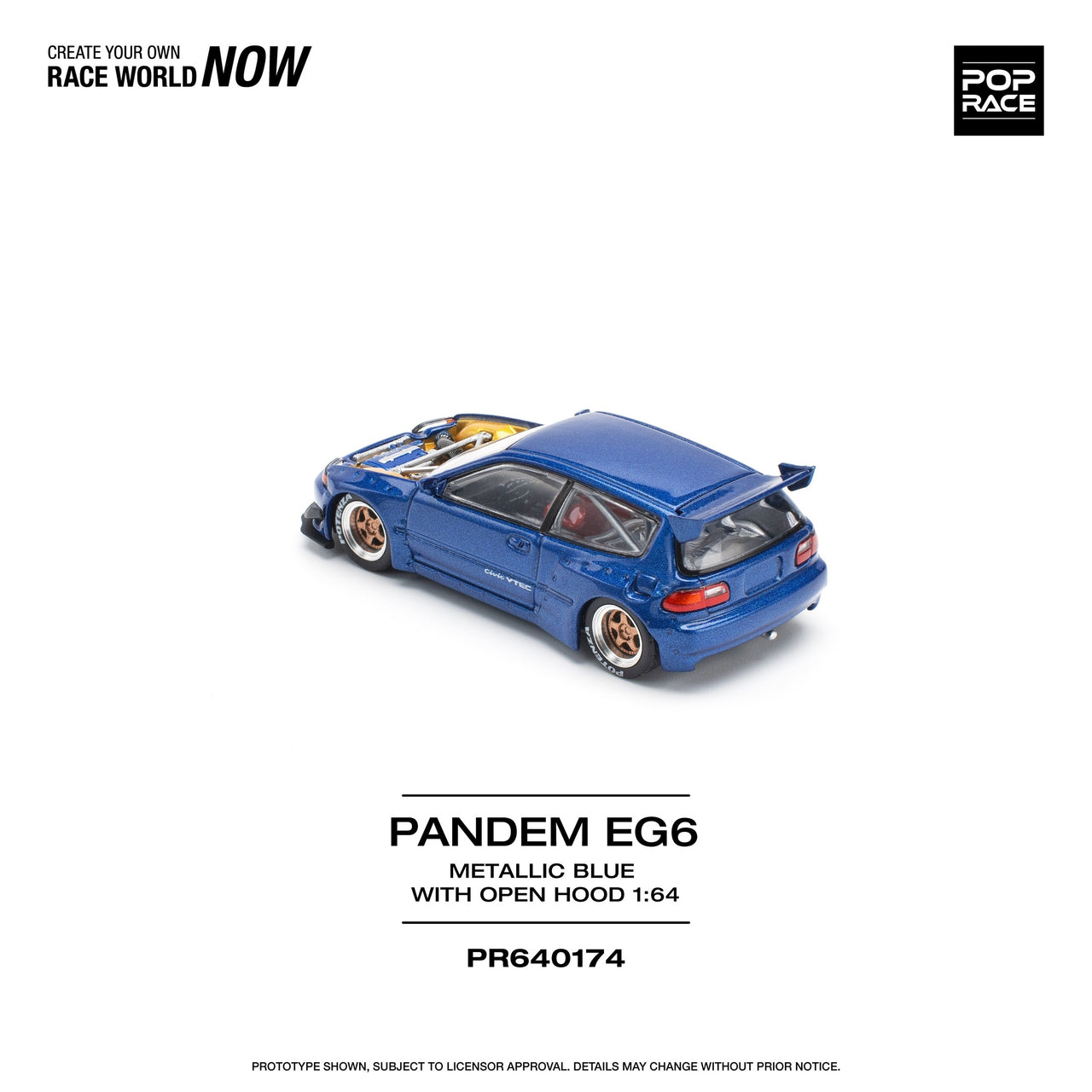 PRE-ORDER Pop Race 1:64 Pandem Honda Civic EG6 METALLIC BLUE WITH OPEN HOOD