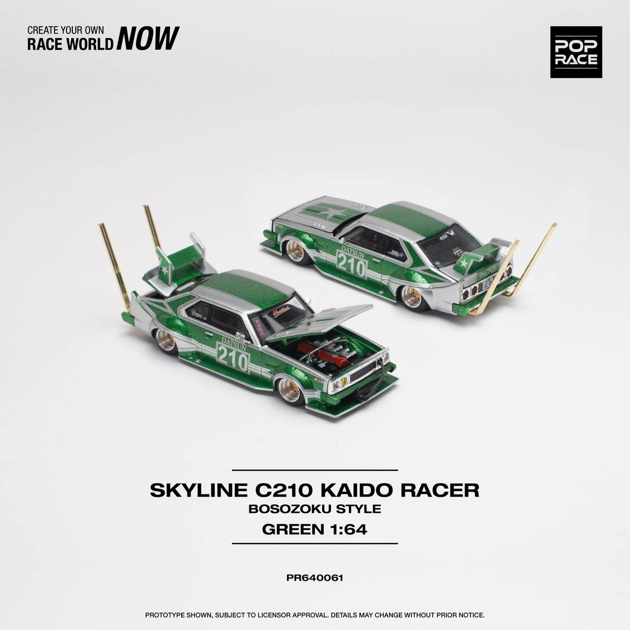 PRE-ORDER Pop Race 1:64 Skyline C210 Kaido Racer BOSOZOKU Style Green