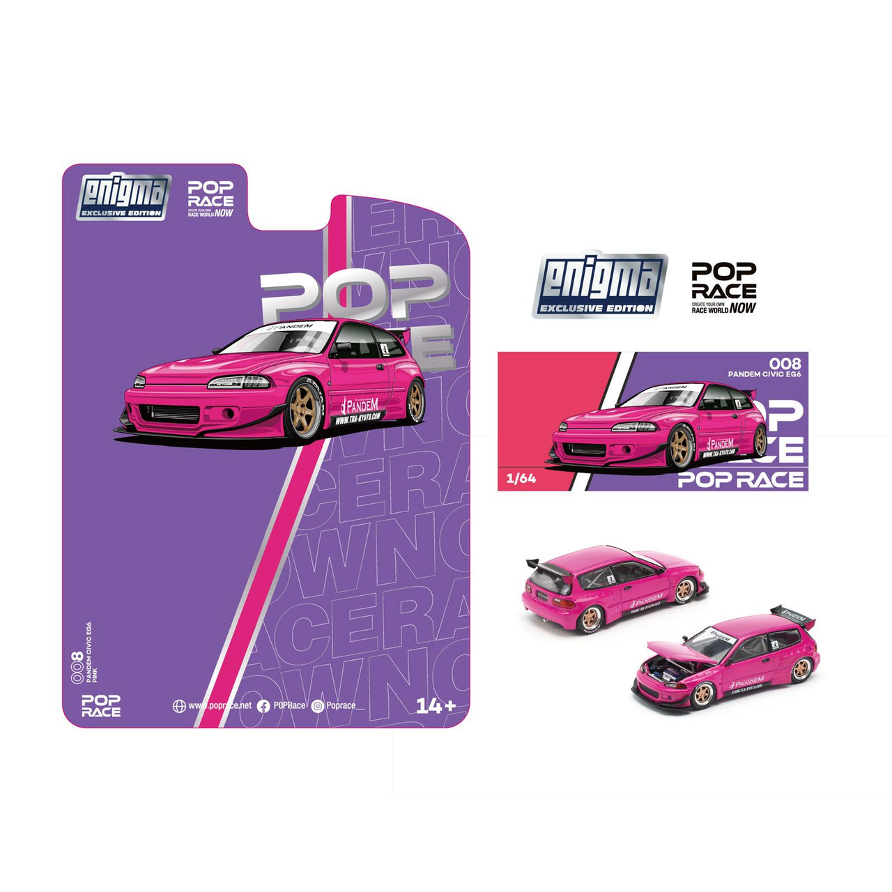 PRE-ORDER Pop Race x Enigma 1:64 Pandem Honda Civic EG6 v1.5 Pink