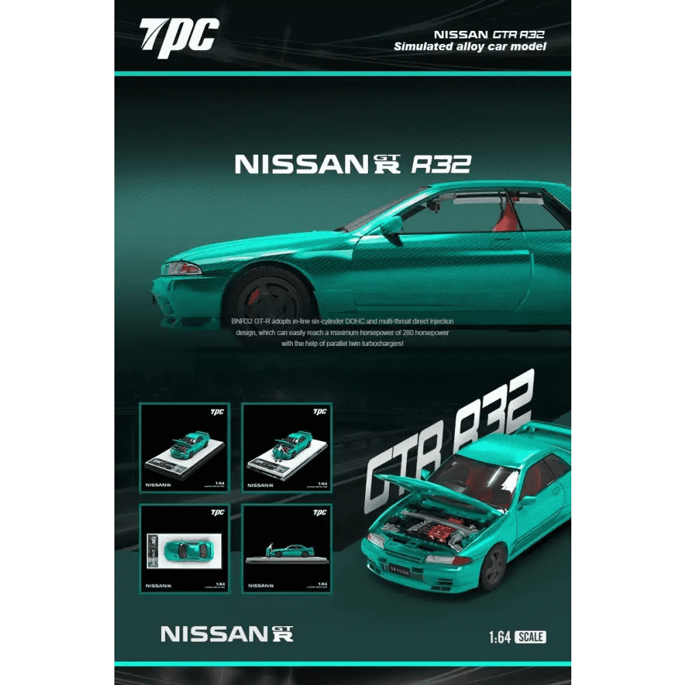 PRE-ORDER TPC 1:64 Nissan Skyline GTR R32 w/ Opening Hood Carbon Green